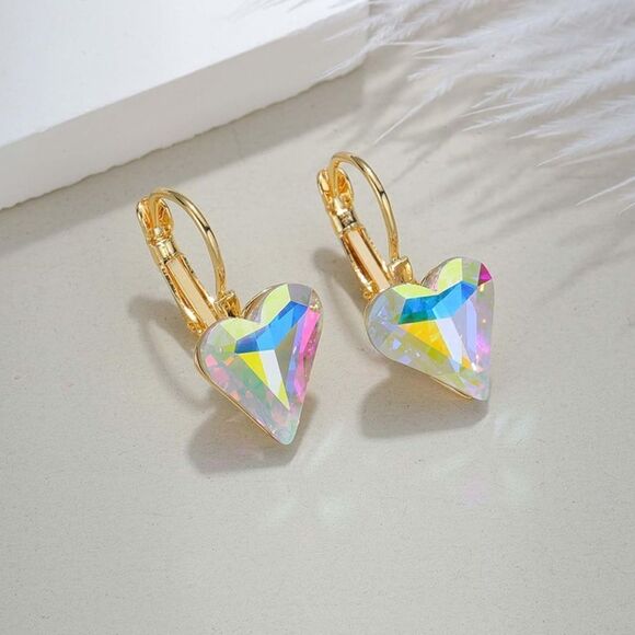 14K Yellow Gold with Iridescent AB Austrian Crystal Heart Leverback Earrings - Picture 2 of 5